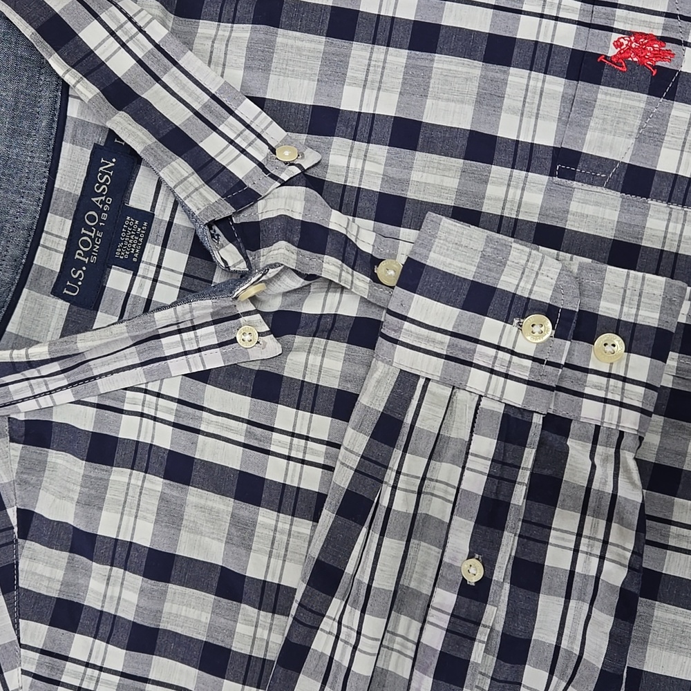 U.S. Polo Assn‎ Men’s Plaid Button Down Shirt Size L Navy Gray White Cotton